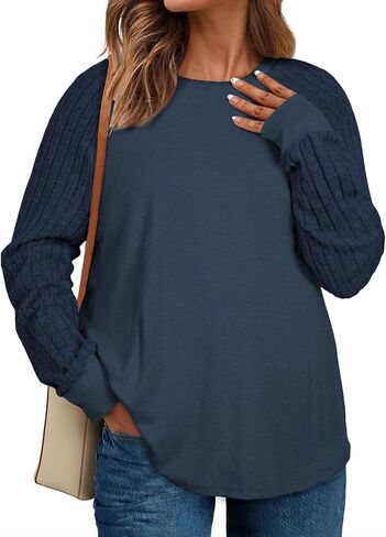 قمم Eytino Plus Size للنساء Crewneck Crewneck Raglan Long Sleeve Fall Stirts Lightweight Lighting (1x-5x) in Kuwait