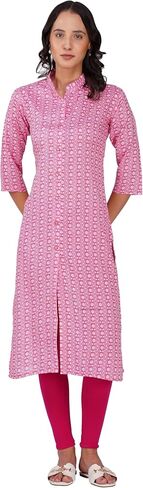 Floral Printed Indian Cotton Rayon Kurta Tunic for Women | Straight Fit 3/4 Sleeve Casual and Everyday Wear A-line Kurti in Kuwait