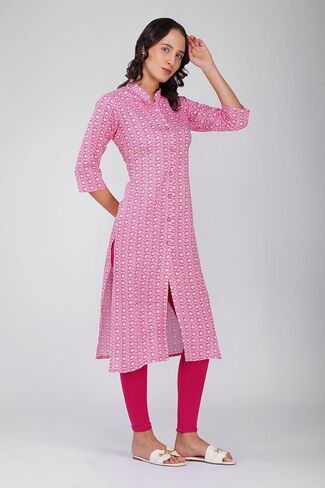 Floral Printed Indian Cotton Rayon Kurta Tunic for Women | Straight Fit 3/4 Sleeve Casual and Everyday Wear A-line Kurti in Kuwait