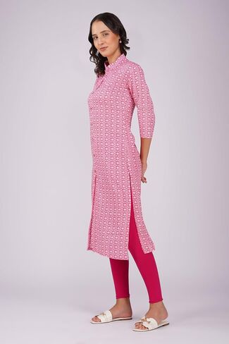 Floral Printed Indian Cotton Rayon Kurta Tunic for Women | Straight Fit 3/4 Sleeve Casual and Everyday Wear A-line Kurti in Kuwait