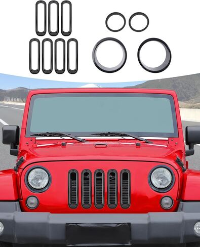 إدراج الشواية الأمامية+المصباح الأمامي+غطاء ضوء الدوران الأمامي يتوافق مع Jeep Wrangler JK JKU 2007-2018،11pcs مجموعات تقليم خارجية ، أسود in Kuwait