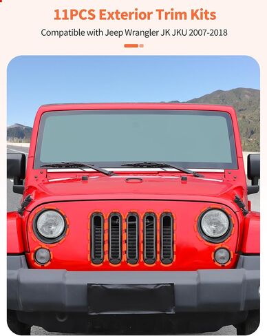 إدراج الشواية الأمامية+المصباح الأمامي+غطاء ضوء الدوران الأمامي يتوافق مع Jeep Wrangler JK JKU 2007-2018،11pcs مجموعات تقليم خارجية ، أسود in Kuwait