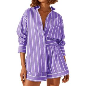 Tankaneo Womens 2 Piece Outfits Striped Long Sleeve Button Down Collared Shirt Matching Shorts Sets in Kuwait