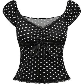 Soly Hux Women's Y2K Lace Trim Polka Dots T Shirt Cap Sleeve v Neck Ruched Bow Tops Tops Tops in Saudi Arabia
