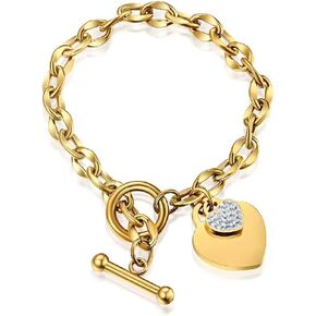 Gold Jewelry for Women, 18K Gold Plated Stainless Steel Bracelet Heart Chain with Toggle Clasp, Trendy, with Gift for Her in Saudi Arabia