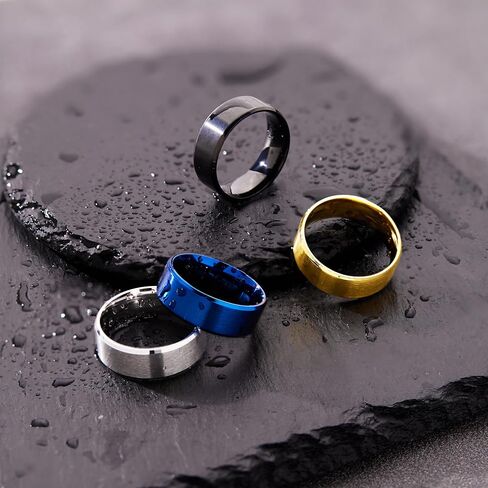 4 Pcs 8 MM Width Mens Rings, Stainless Steel Wedding Bands for men, Gold Silver Black Blue Brushed Finish Beveled Edges Comfort Fit 6-15 in Saudi Arabia