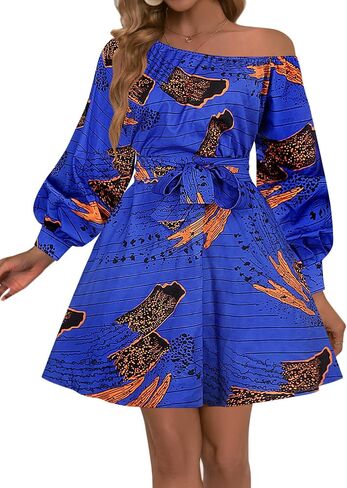 Vimoisa Women Sexy Boho African Short Dress One Shoulder Oblique Neck Dress Pleated Dress Floral Print Long Sleeve Top in Saudi Arabia