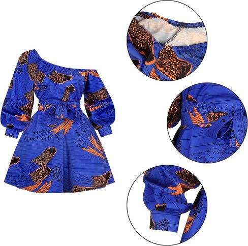 Vimoisa Women Sexy Boho African Short Dress One Shoulder Oblique Neck Dress Pleated Dress Floral Print Long Sleeve Top in Saudi Arabia