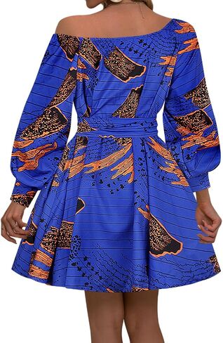 Vimoisa Women Sexy Boho African Short Dress One Shoulder Oblique Neck Dress Pleated Dress Floral Print Long Sleeve Top in Saudi Arabia