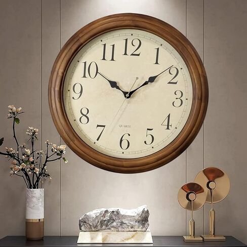 CHIRAY 16-Inch Solid Wood Silent Non-Ticking Decorative Wall Clock with Large Arabic Numerals Battery Operated Analog Retro Clock for Living Room, Kitchen, Bedroom in Saudi Arabia