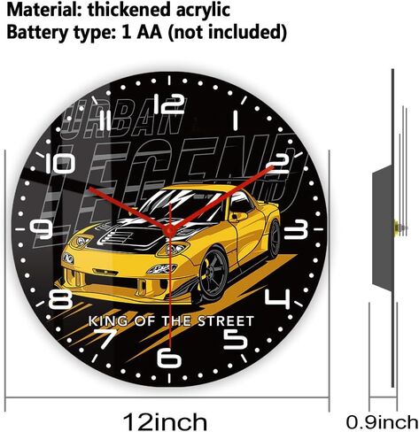 12'' Car Racing Wall Clock, Drift Car Japan Street Sport Car Garage Wall Clock Racing Automobile Wall Watch Clock Battery Silent Non Ticking for Man Cave Boys Drifting Car Enthusiast Gift in Kuwait