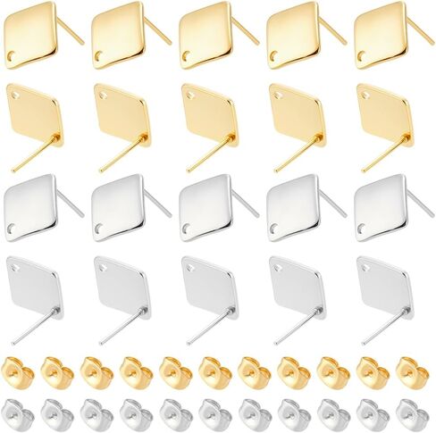 UNICRAFTALE 40pcs 4 Styles Stainless Steel Stud Earring 2 Colors Hypoallergenic Earrings Stud Rhombus Rectangle Earring with Loop and Ear Nuts for DIY Jewelry Making 1.5~1.8mm Hole in Saudi Arabia