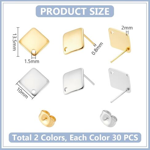 UNICRAFTALE 40pcs 4 Styles Stainless Steel Stud Earring 2 Colors Hypoallergenic Earrings Stud Rhombus Rectangle Earring with Loop and Ear Nuts for DIY Jewelry Making 1.5~1.8mm Hole in Saudi Arabia