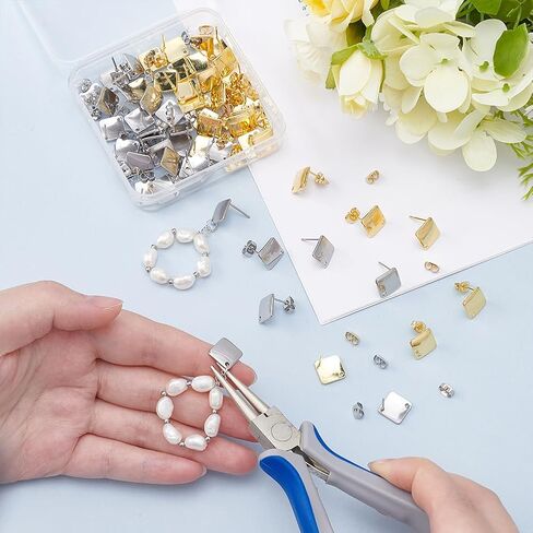 UNICRAFTALE 40pcs 4 Styles Stainless Steel Stud Earring 2 Colors Hypoallergenic Earrings Stud Rhombus Rectangle Earring with Loop and Ear Nuts for DIY Jewelry Making 1.5~1.8mm Hole in Saudi Arabia
