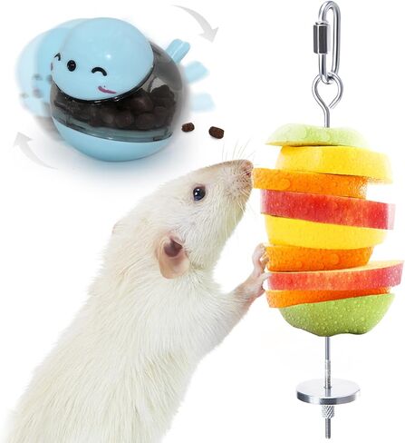 2PCS Rat Enrichment Toys Set - Stainless Steel Fruit/Veg Holder & Treat Dispenser, Interactive Foraging Puzzle Toys for Rats/Mice/Birds, Cage Accessories with Hanging Feeder & Intelligence Game in Kuwait