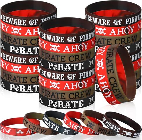Capoda 24 Pieces Pirate Silicone Bracelets Ahoy Matey Caribbean Rubber Wristbands Skull Pirate Ship Party Favors for Girls Boys Pirate Theme Birthday Party Decorations Halloween Party Supplies in Kuwait