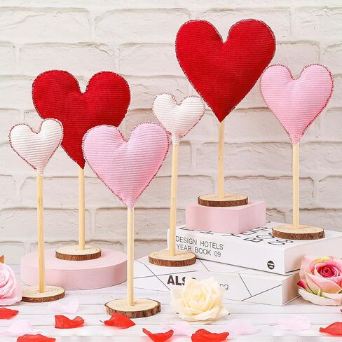 Suzile 6 Pcs Valentine's Day Heart Decorative Heart Table Centerpiece Decor Tall Heart Standing Wood Sign Farmhouse Felt Heart Ornaments for Home Bedroom Wedding Party Valentine's Day Decoration in Kuwait