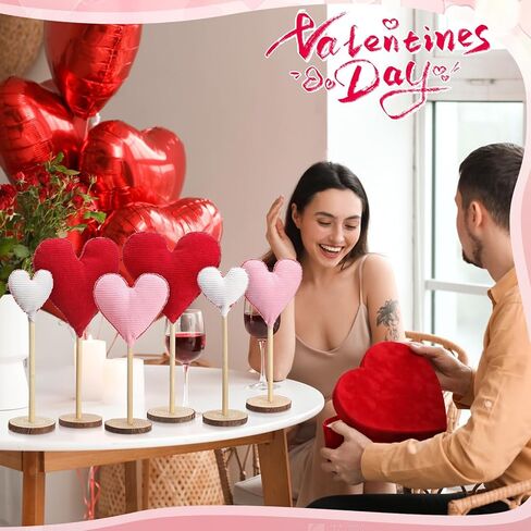 Suzile 6 Pcs Valentine's Day Heart Decorative Heart Table Centerpiece Decor Tall Heart Standing Wood Sign Farmhouse Felt Heart Ornaments for Home Bedroom Wedding Party Valentine's Day Decoration in Kuwait