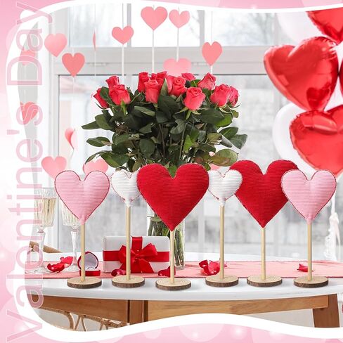 Suzile 6 Pcs Valentine's Day Heart Decorative Heart Table Centerpiece Decor Tall Heart Standing Wood Sign Farmhouse Felt Heart Ornaments for Home Bedroom Wedding Party Valentine's Day Decoration in Kuwait