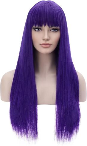 BERON Dark Purple Wigs Straight Long Hair Wigs with Bangs Women Fashion Heat Resistant Synthetic Natural Looking Wig for Cosplay Party or Daily Use in Kuwait