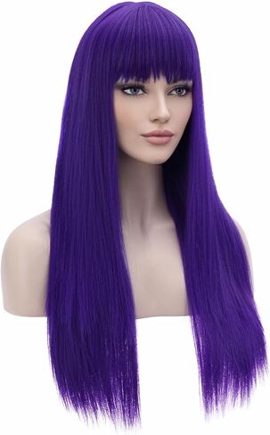 BERON Dark Purple Wigs Straight Long Hair Wigs with Bangs Women Fashion Heat Resistant Synthetic Natural Looking Wig for Cosplay Party or Daily Use in Kuwait