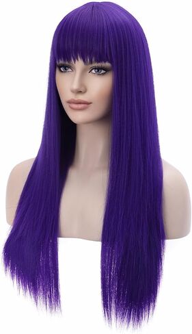 BERON Dark Purple Wigs Straight Long Hair Wigs with Bangs Women Fashion Heat Resistant Synthetic Natural Looking Wig for Cosplay Party or Daily Use in Kuwait