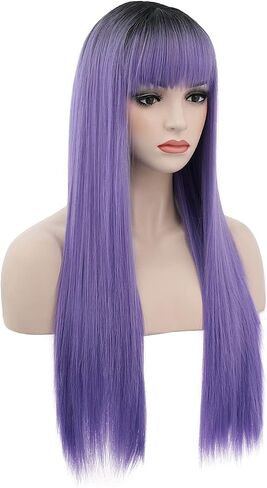 BERON Dark Purple Wigs Straight Long Hair Wigs with Bangs Women Fashion Heat Resistant Synthetic Natural Looking Wig for Cosplay Party or Daily Use in Kuwait
