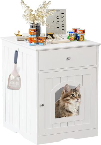 Litter Box Enclosure, Hidden Cat Litter Box Cabinet with Drawer, Wooden Pet Crate, Litter Box Furniture as Cat House, End Table, Fit Most of Litter Box (White) in Saudi Arabia