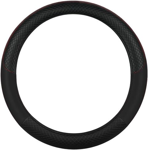 Car Steering Wheel Cover, Anti-Slip, Safety, Soft, Breathable – Diamond Lattice PU Leather with Red Stiching, Wear-Resistant & Durable, Universal Fit 14.5-15 Inch with Rubber Inner Ring – Sport Black in Saudi Arabia