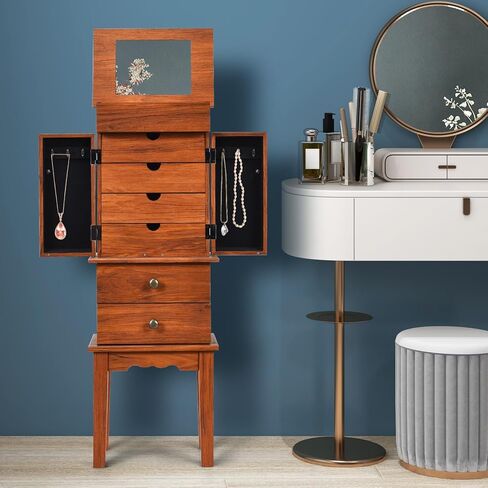 Loko Jewelry Armoire مع مرآة فليب ، خزانة تخزين المجوهرات الدائمة مع 6 أدراج و 6 خطافات ، مقصورات مقسمة أعلى ، صندوق منظم المجوهرات لغرفة نوم النساء in Kuwait
