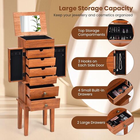 Loko Jewelry Armoire مع مرآة فليب ، خزانة تخزين المجوهرات الدائمة مع 6 أدراج و 6 خطافات ، مقصورات مقسمة أعلى ، صندوق منظم المجوهرات لغرفة نوم النساء in Kuwait