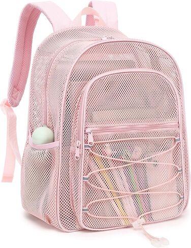 Mesh School Backpack for Girls Boys, Heavy Duty Kids Adults Mesh School Bag Bookbag for Swimming Beach Fitness Sport (Light Pink) in Kuwait