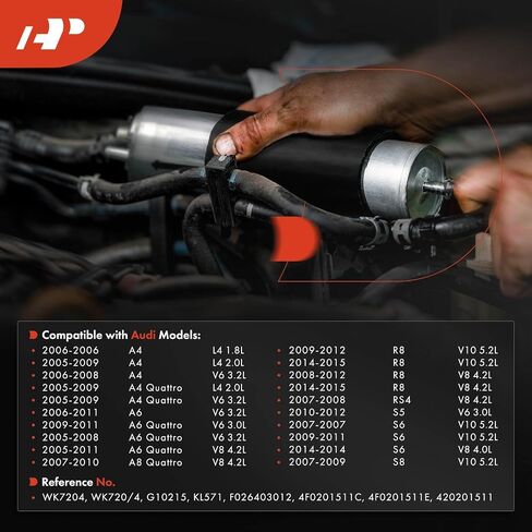 مرشح الوقود A-premium متوافق مع Audi A4 2005-2009 ، A4 Quattro 2005-2009 ، A6 2006-2011 ، A6 Quattro 2005-2011 ، R8 2008-2012/2014-2015 ، RS4 2007-2008 ، S5 2010-2012 ، S6 2007-2011/2014 in Saudi Arabia