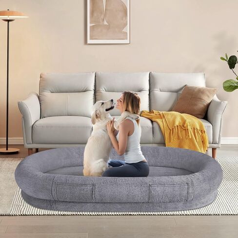 beeNbkks Human Dog Bed for Adult, Giant Extra Large Memory Foam Human Size Pet Bed for People, Fluffy Plush Dog Bed for Human with Storage Pocket Washable Cover Portable Handle Non-Slip Bottom in Saudi Arabia