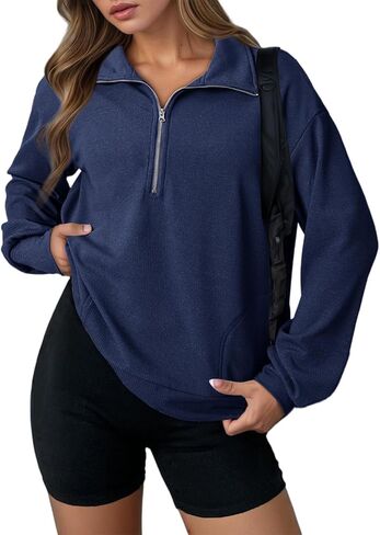 Women's Zipper Sweatshirt Casual Long Sleeve Lapel Drawstring Loose Pullover Tops Half Zip Oversized Sweatshirts in Saudi Arabia
