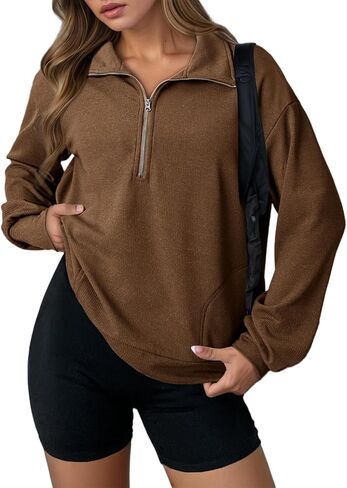 Women's Zipper Sweatshirt Casual Long Sleeve Lapel Drawstring Loose Pullover Tops Half Zip Oversized Sweatshirts in Saudi Arabia