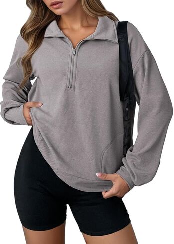 Women's Zipper Sweatshirt Casual Long Sleeve Lapel Drawstring Loose Pullover Tops Half Zip Oversized Sweatshirts in Saudi Arabia