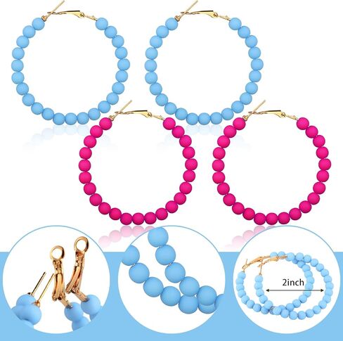 Bonuci 9 Pairs Acrylic Beaded Hoop Earrings for Women Bohemian Round Bead Earrings Mixed Color Dangle Bulk Summer Beachy Set(Bright, Acrylic) in Saudi Arabia
