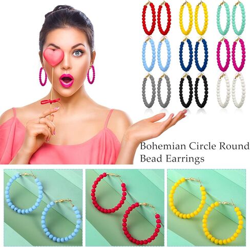 Bonuci 9 Pairs Acrylic Beaded Hoop Earrings for Women Bohemian Round Bead Earrings Mixed Color Dangle Bulk Summer Beachy Set(Bright, Acrylic) in Saudi Arabia