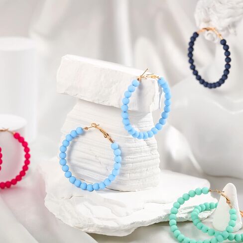 Bonuci 9 Pairs Acrylic Beaded Hoop Earrings for Women Bohemian Round Bead Earrings Mixed Color Dangle Bulk Summer Beachy Set(Bright, Acrylic) in Saudi Arabia