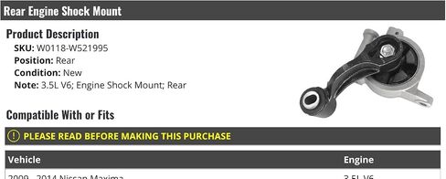 Rear Engine Shock Mount - Compatible with 2009-2014 Nissan Maxima 3.5L V6 in Saudi Arabia