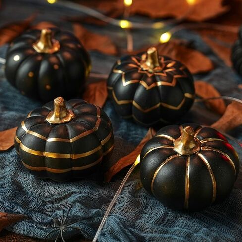 4Pcs Black and Gold Halloween Pumpkin Decor, Modern Black Pumpkins for Decorating, Small Decorative Pumpkin with Gold Stem for Tabletop Decor, Fall, Thanksgiving, Indoor Halloween Decoration in Kuwait