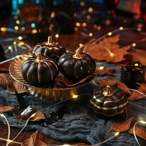 4Pcs Black and Gold Halloween Pumpkin Decor, Modern Black Pumpkins for Decorating, Small Decorative Pumpkin with Gold Stem for Tabletop Decor, Fall, Thanksgiving, Indoor Halloween Decoration in Kuwait