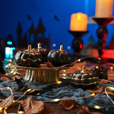 4Pcs Black and Gold Halloween Pumpkin Decor, Modern Black Pumpkins for Decorating, Small Decorative Pumpkin with Gold Stem for Tabletop Decor, Fall, Thanksgiving, Indoor Halloween Decoration in Kuwait