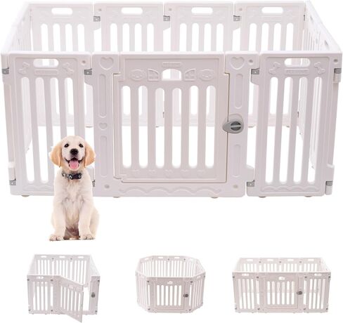 2 Room Dog Playpen with Door,DIY Shape Combination Puppy Pen,16-Panel+2 Link Piece+Large Door+Small Door,25.5" H Dog Fence,Non-Slip&Secure Pet Gate,Easy to Assemble (Two Rooms) in Kuwait