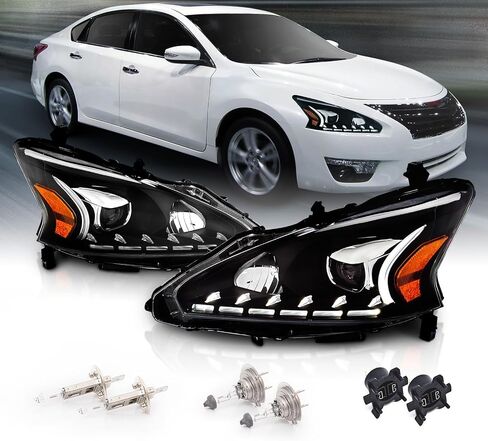 AmeriLite Projector Halogen Headlights LED Bar Style Set For 2013-2015 Nissan Altima 4 Door Sedan - Passenger and Driver Side, Vehicle Light Assembly, Black Housing in Saudi Arabia