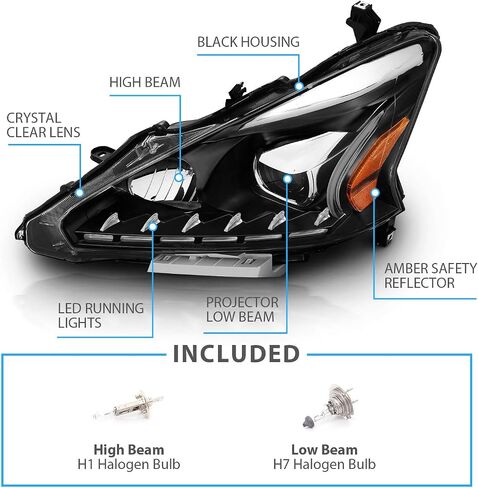 AmeriLite Projector Halogen Headlights LED Bar Style Set For 2013-2015 Nissan Altima 4 Door Sedan - Passenger and Driver Side, Vehicle Light Assembly, Black Housing in Saudi Arabia