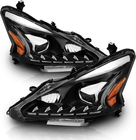 AmeriLite Projector Halogen Headlights LED Bar Style Set For 2013-2015 Nissan Altima 4 Door Sedan - Passenger and Driver Side, Vehicle Light Assembly, Black Housing in Saudi Arabia