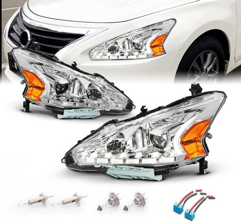 AmeriLite Projector Halogen Headlights LED Bar Style Set For 2013-2015 Nissan Altima 4 Door Sedan - Passenger and Driver Side, Vehicle Light Assembly, Black Housing in Saudi Arabia