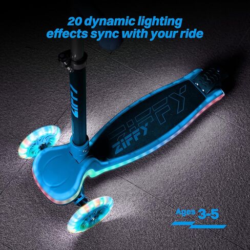 ZIFFY 3-Wheel Light-Up Kids Scooter, Kids Balance Scooter for Boys Girls with 20 Dynamic LED Lights, 4 Adjustable Height, Lean-to-Steer Design with Anti-Slip Wide Deck for Stability - Up to 110LBS in Kuwait
